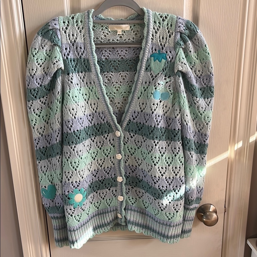 LoveShackFancy Mint Green and Light Blue Knit Cardigan